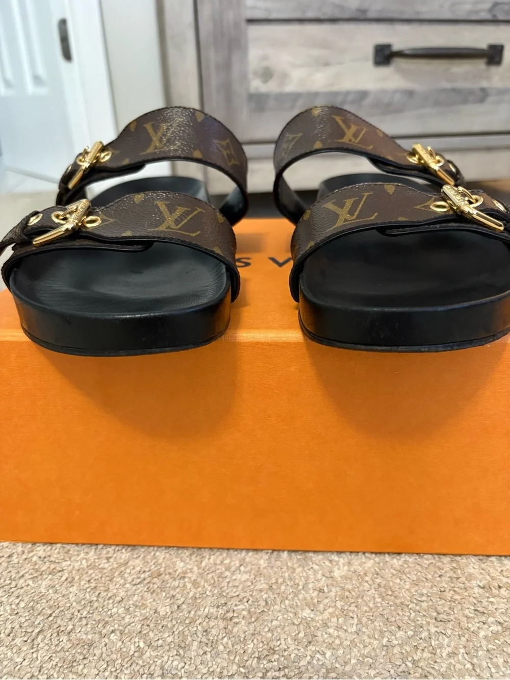 Louis Vuitton Brown Monogram Double-Buckle Slide Sandals - Picture 5 of 12